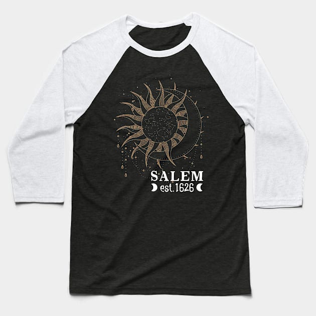 Salem Est 1626 with Celestial Sun and Moon design Baseball T-Shirt by Apathecary